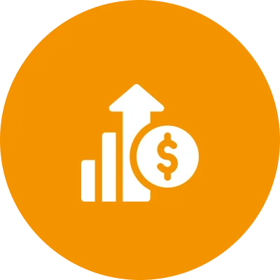 White upward graph and dollar sign on an orange circular background.