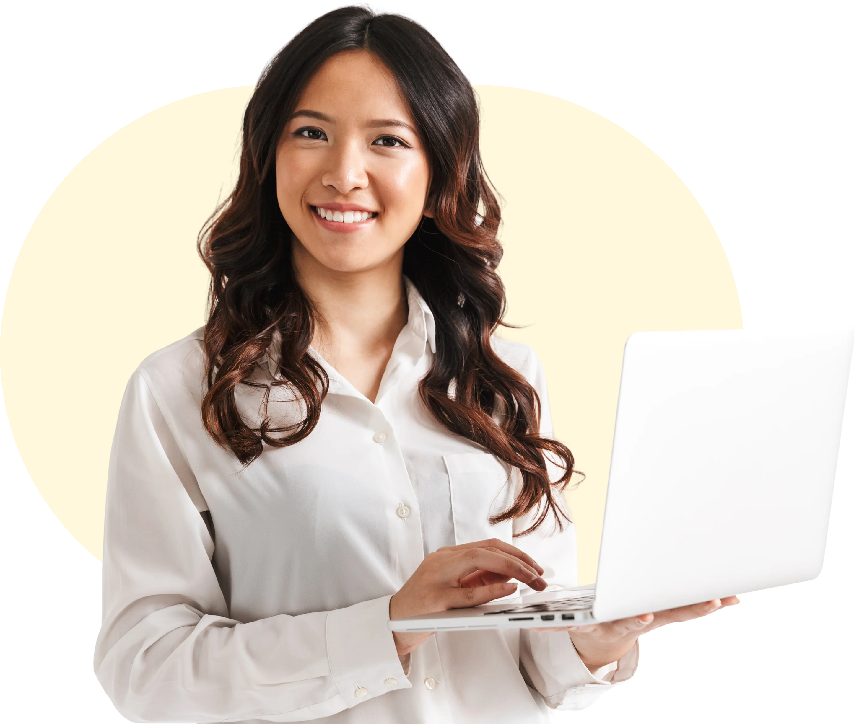 A woman in a white blouse is holding and using a laptop, smiling while looking at the camera. The background is a light yellow circle.