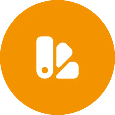 White logo with geometric shapes on an orange circular background.
